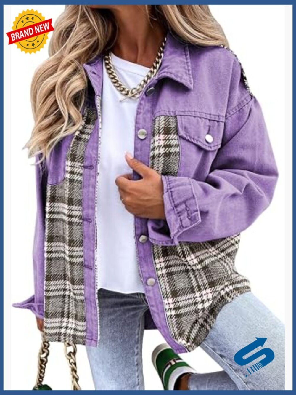 Oversized Denim Jacket Plaid Shacket Long Sleeve Button Down with Pockets